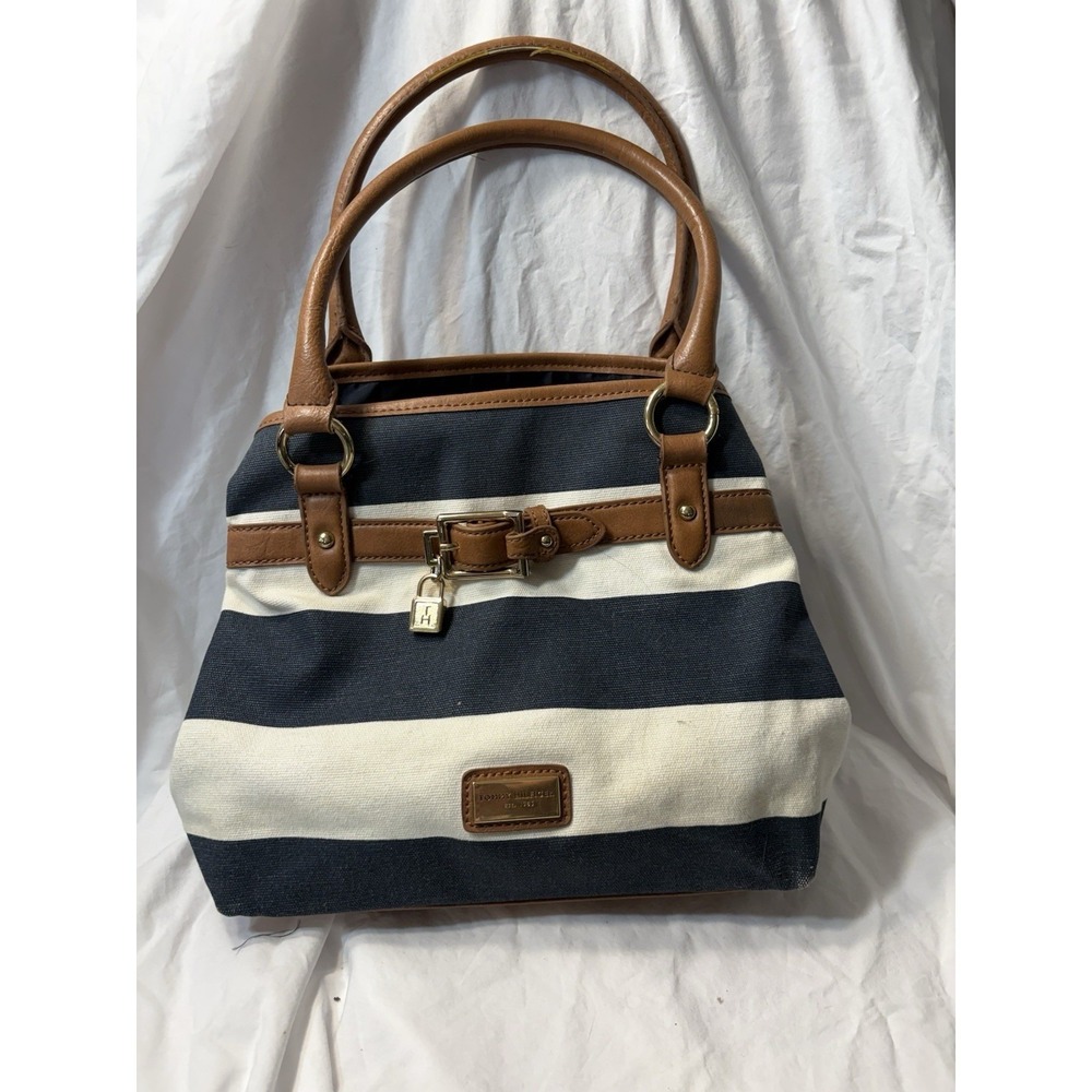 Tommy Hilfiger Purse Blue White Striped Canvas Nautical Expandable Beach Travel‎